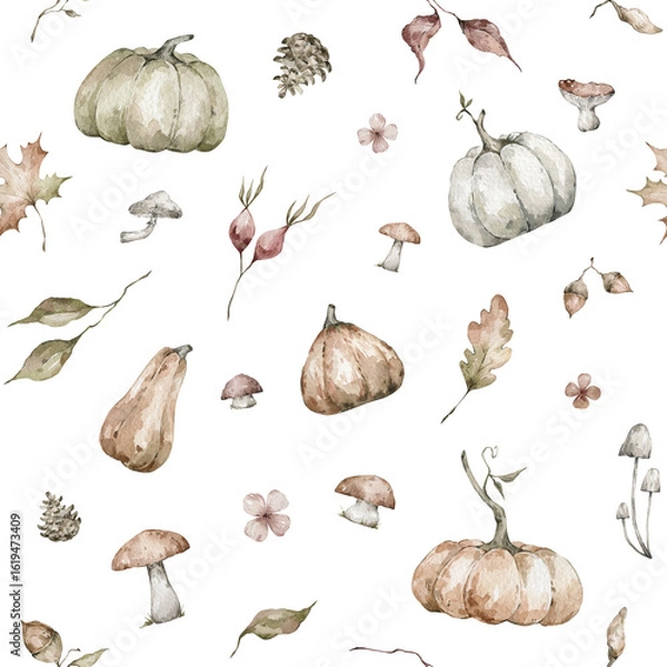 Fototapeta Watercolor seamless pattern with pumpkins, berries, mushrooms. Background for harvest festivals, autumn textile, fall cards