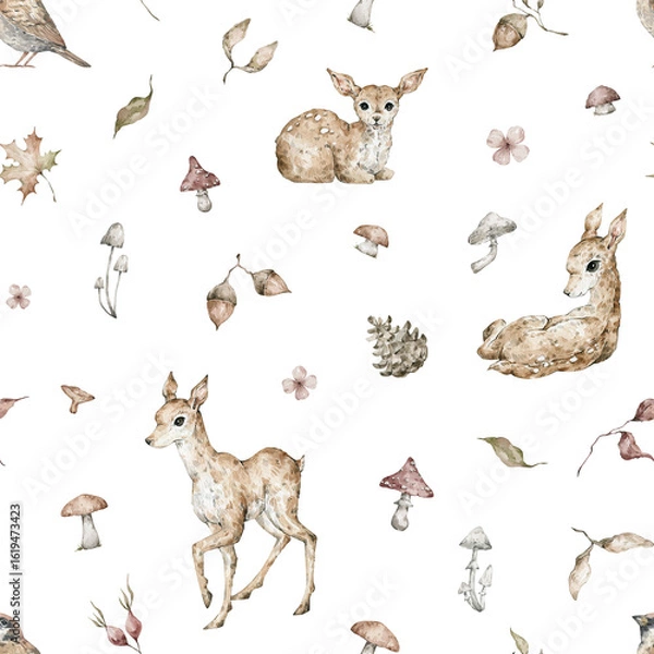 Fototapeta Watercolor seamless pattern with cute deers, muchrooms and autumn leaves. Wild animals, snail, pinecone. Hand-drawn adorable animals, branch, plants. Fall background