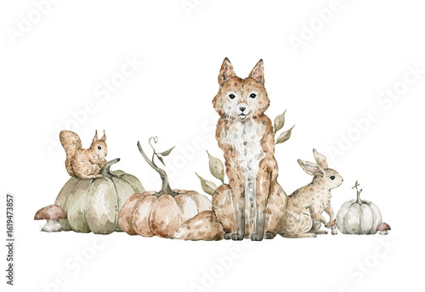 Fototapeta Watercolor composition with forest animals and pumpkins. Fox, rabbit squirrel, harvest seasaon. Wild nature scene, autumn composition. Wildlife fall creatures