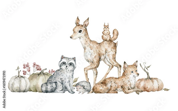Fototapeta Watercolor composition with forest animals and pumpkins. Deer, fox, raccoon, squirrel, hedgehog. Wild nature scene, autumn composition. Wildlife fall creatures