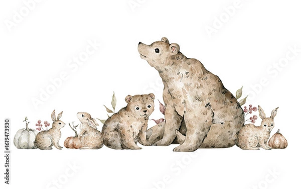 Fototapeta Watercolor composition with forest animals and pumpkins. Brown bears, hare, rabbits. Wild nature scene, autumn composition. Wildlife fall creatures