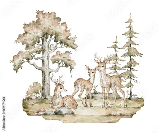Fototapeta Watercolor composition with forest animals and autumn nature. Deers, pine trees, forest. Wild nature scene, valley. Wildlife woodland creatures