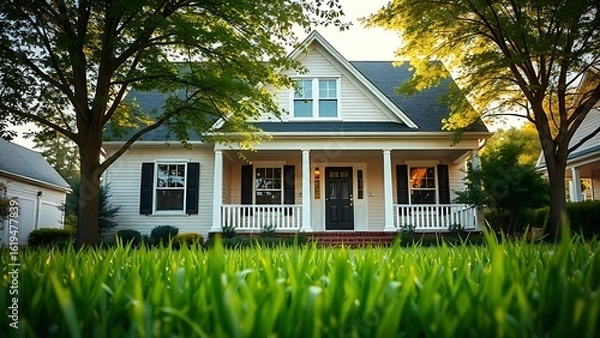 Fototapeta A charming suburban home with a well-kept lawn, glowing in the golden afternoon sunlight.