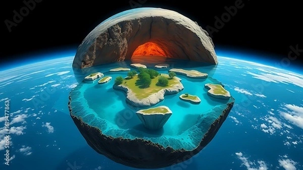 Fototapeta A cutaway Earth core reveals an azure ocean with floating islands, defying natural laws.