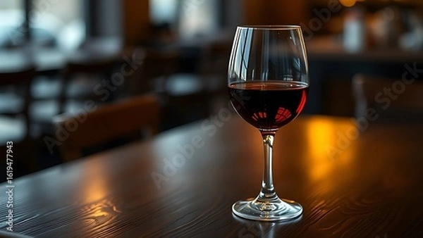 Fototapeta Glass of red wine elegantly placed on a dark wooden table, reflecting warm ambient light.