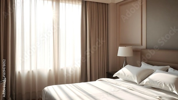 Fototapeta Stylish hotel room with crisp linens and morning sunlight filtering through sheer curtains.