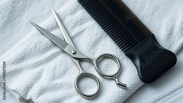 Fototapeta Barber tools neatly arranged on a clean towel for a salon concept.