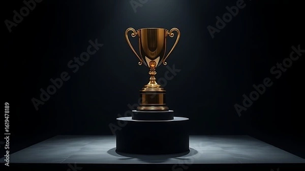 Fototapeta Golden trophy displayed elegantly on a pedestal against a dark backdrop.