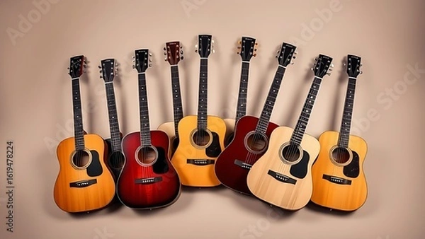Fototapeta Six acoustic guitars arranged in a fan formation on a neutral background with subtle studio shadows.