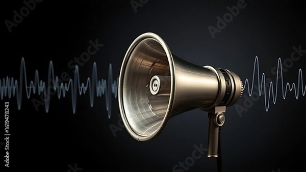 Fototapeta Vintage megaphone with visualized sound waves, set against a dark gradient background for a dramatic effect.