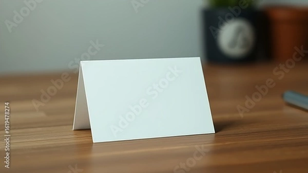 Fototapeta A blank notecard placed on a wooden desk with soft diffused lighting and shallow focus.
