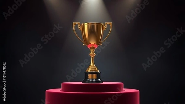 Fototapeta Golden trophy on a velvet podium under dramatic spotlight in an elegant setting.