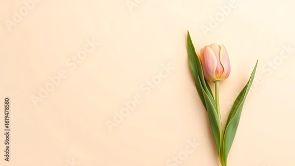 Fototapeta Single tulip on neutral background, arranged in a minimalist top-down floral composition.
