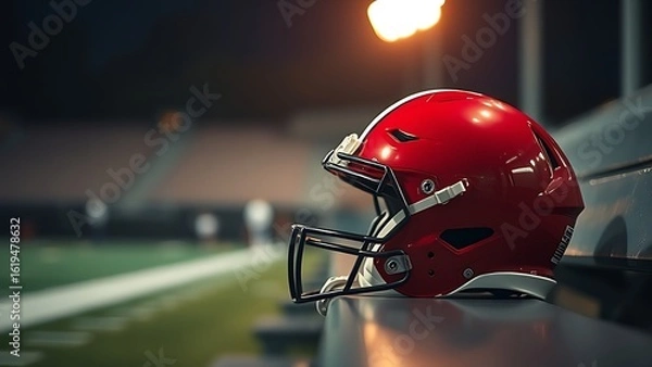 Fototapeta American football helmet resting on bench with dramatic stadium lighting in the background.
