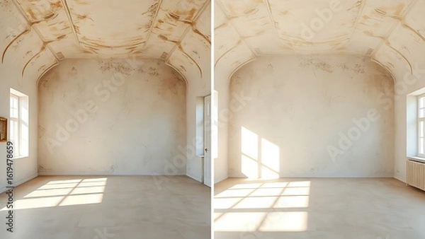 Fototapeta Architectural visualization comparing a worn room to its renewed version with natural lighting.