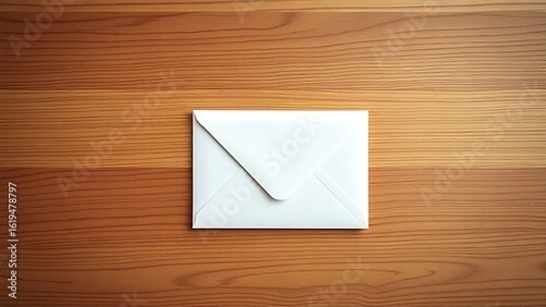 Fototapeta Minimalist white envelope on wooden surface, conveying simplicity and communication under soft lighting.