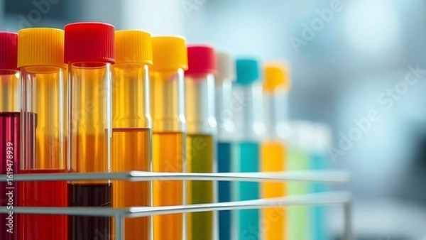 Fototapeta Colorful test tubes arranged in a holder, featuring a soft bokeh background under even studio lighting.
