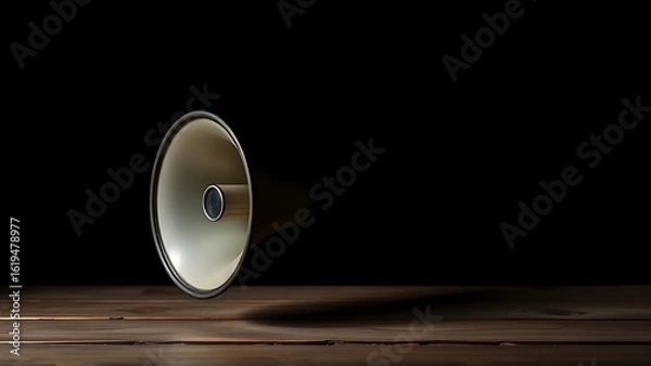 Fototapeta Vintage megaphone on wooden surface with dramatic lighting, evoking nostalgic and minimalist aesthetics.