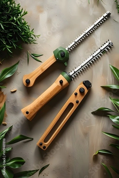 Fototapeta Sustainable Bamboo Hedge Trimmers: Eco-Friendly Gardening Tools, Modern Design, Flatlay Photography