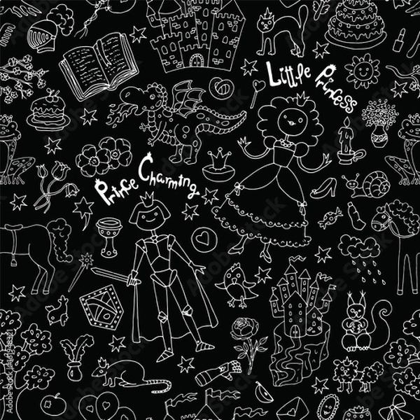 Fototapeta Seamless background with silhouettes of prince and princess on black