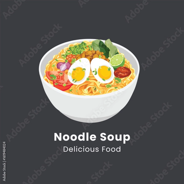 Fototapeta Delicious Noodle Soup Bowl with Boiled Eggs