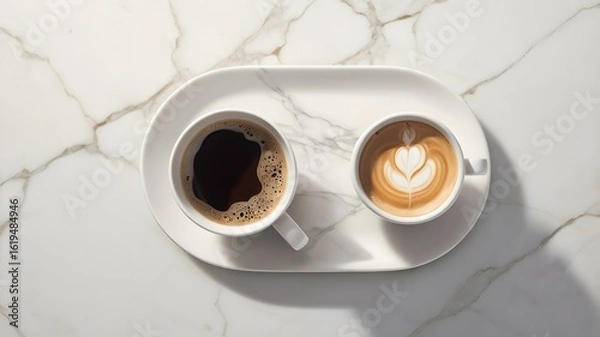 Fototapeta Two Cups of Coffee on Marble Tray: Black Coffee and Latte Art, Minimalist Style, Morning Mood