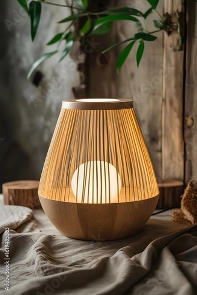 Fototapeta Warm-lit Wooden Table Lamp, Modern Minimalist Design, Serene Ambient Lighting, Rustic Background.