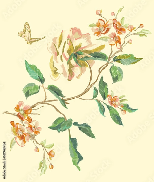 Fototapeta Embroidery floral pattern with peony and swallowtail.