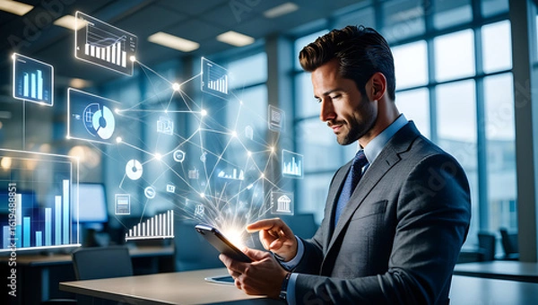 Fototapeta Businessman using mobile smartphone and icon network connection data with growth graph customer, digital marketing, banking and payment online, analysis and planning of business, Generative Ai