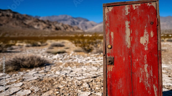 Fototapeta In a rugged desert landscape, a bright red arched wooden door with peeling paint stands as a solitary feature, surrounded by rocky terrain and distant mountains, evoking curiosity and imagination