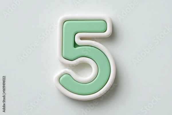 Fototapeta A pastel green number five with a white outline against a light green background
