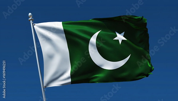 Fototapeta Pakistan national flag hide in beautiful clouds. Pakistan national flag for independence day, 14Th of august happy pakistan independence day. Vector template , Generative Ai
