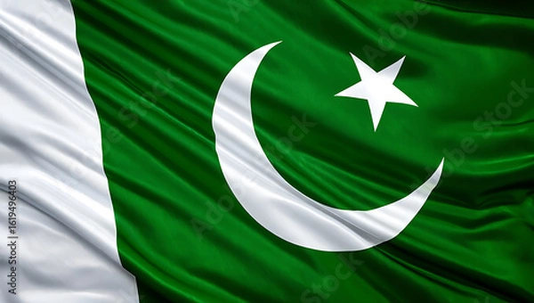 Fototapeta Pakistan national flag hide in beautiful clouds. Pakistan national flag for independence day, 14Th of august happy pakistan independence day. Vector template , Generative Ai