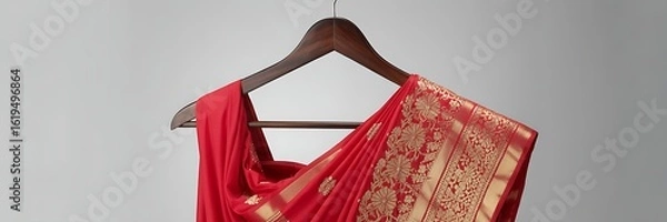 Obraz Elegant red and gold indian sari or dupatta hanging on a wooden hanger