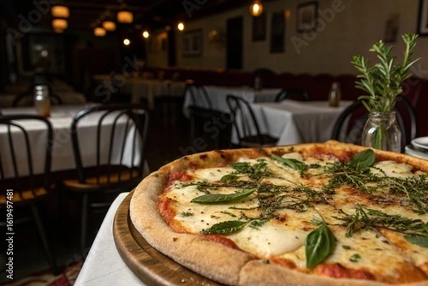 Fototapeta A pizza with basil and cheese sits on a white plate in a restaurant