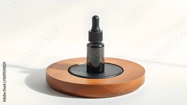 Obraz Dark glass dropper bottle on a wooden stand isolated on white background