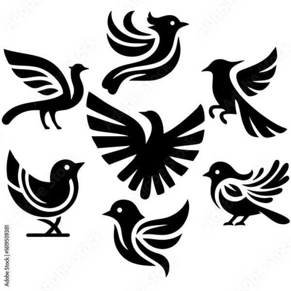 Obraz A collection of stylized black bird silhouettes on a white background.