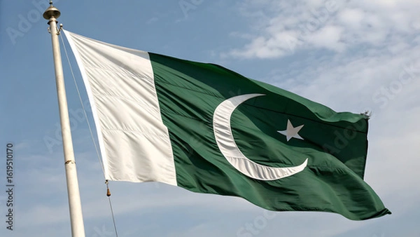 Fototapeta Pakistan national flag hide in beautiful clouds. Pakistan national flag for independence day, 14Th of august happy pakistan independence day. Vector template , Generative Ai