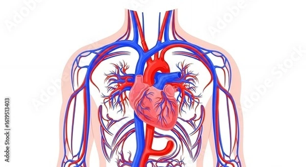 Fototapeta Detailed Human Circulatory System with Red Heart and Blue Red Blood Vessels on White Background Anatomical Illustration