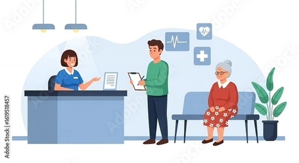 Fototapeta Medical Check In Reception Area Featuring a Female Receptionist a Patient and a Man with a Clipboard in a Pastel Blue Illustration with Warm Tones
