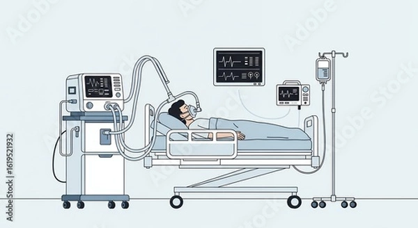 Fototapeta Pixel Art of Patient in Hospital Bed Connected to Ventilator with Soft Blue and White Tones Emphasizing Medical Care and Life Support