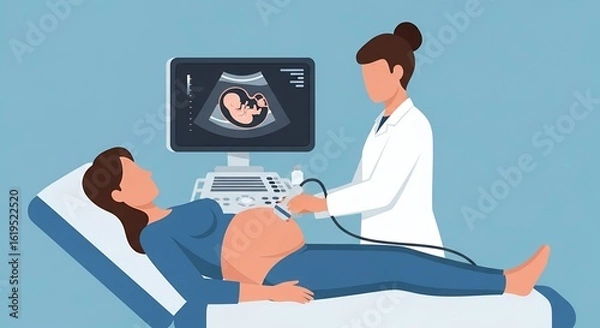 Fototapeta Pregnant Woman Having an Ultrasound Scan by a Doctor in Pixel Art Style Medical Examination Displayed on a Monitor with Blue Background