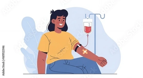 Fototapeta Young Woman Donating Blood With Blood Bag Hanging From a Metal Stand in Health and Medical Awareness Illustration on White Background
