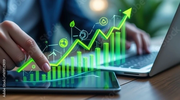 Fototapeta Person analyzing financial growth chart on digital tablet and laptop