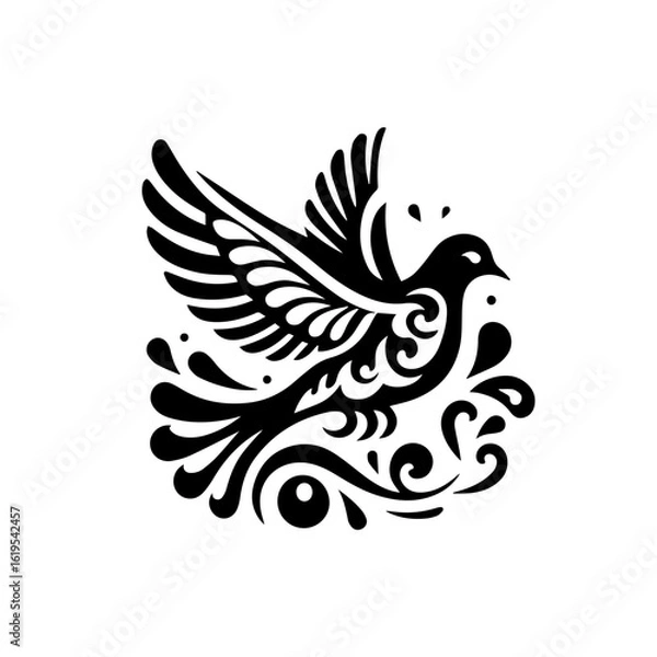 Fototapeta Stylized Black Bird with Ornate Swirls and Drops.