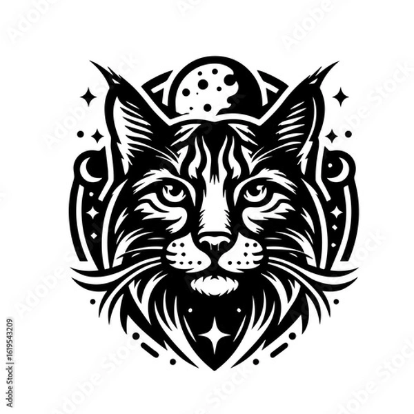 Fototapeta Stylized Black Lynx Head with Celestial Elements 1.