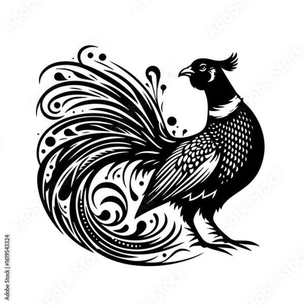 Fototapeta Stylized Black Pheasant Bird Silhouette with Ornate Tail Feathers.
