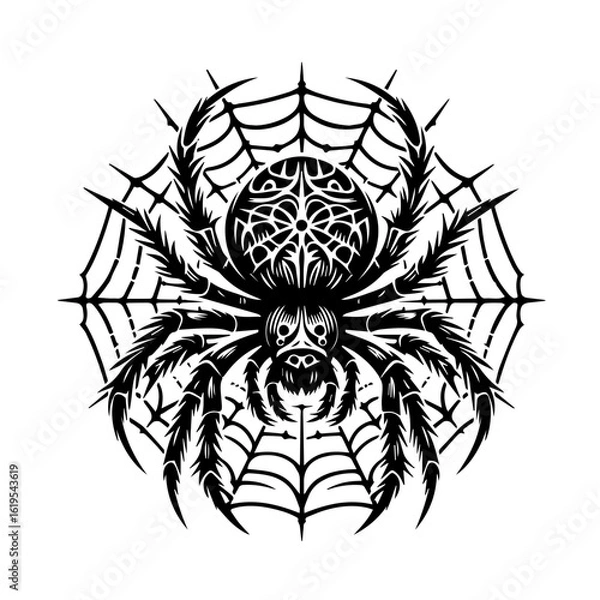 Fototapeta Stylized Black Spider with Intricate Web Design.