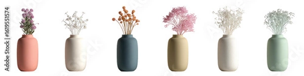 Fototapeta Assorted small vases with dried flower arrangements