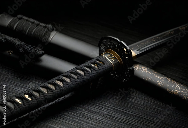 Obraz 日本刀のディテールと黒漆塗りの鞘